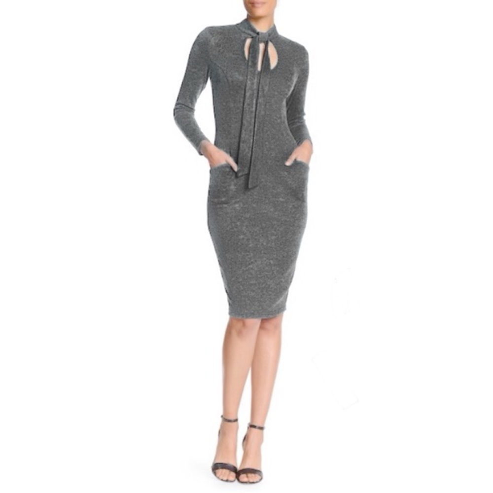 Grey Neck Tie Sweater Midi Dress